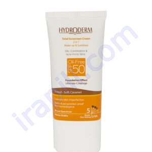 کرم ضدآفتاب SPF50 فاقد چربی با پوشش کرم پودری - بژ کاراملی هیدرودرم 40 میلی لیتر