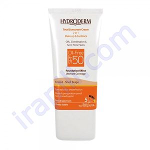 کرم ضدآفتاب SPF50 فاقد چربی با پوشش کرم پودری - بژ صدفی هیدرودرم 40 میلی لیتر