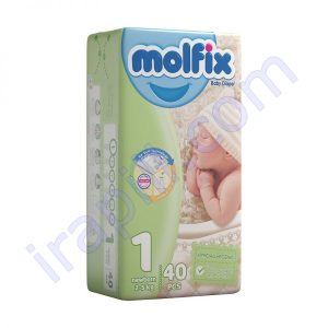 پوشک مولفیکس سایز 1 مخصوص نوزادان 2 تا 5 کیلوگرم بسته 40 عددی (با دستمال مرطوب)